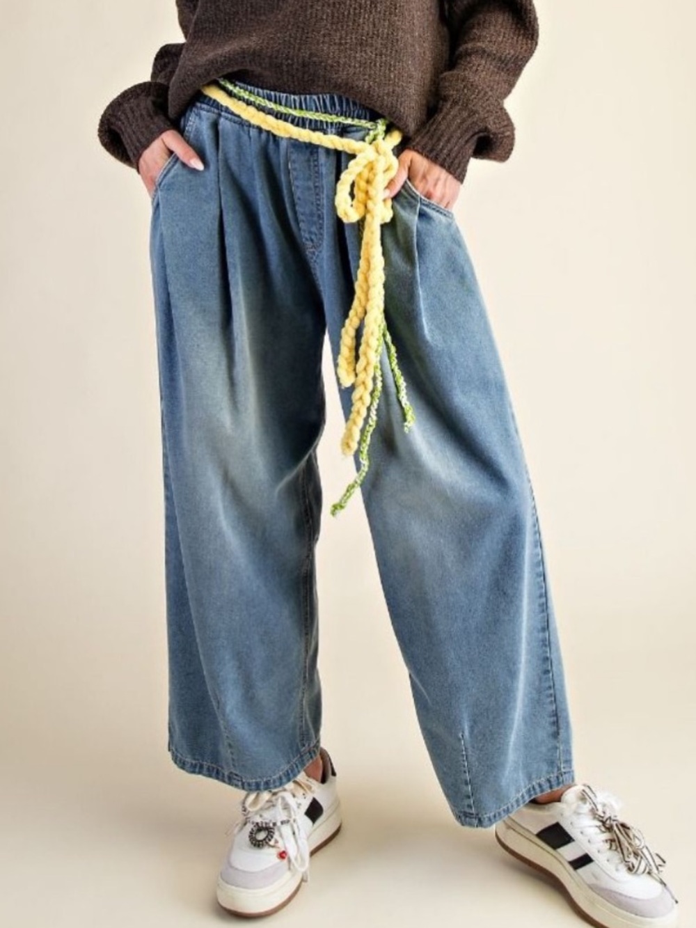 easel Light Blue Wide-Leg Denim Pants with Yellow Braided Belt